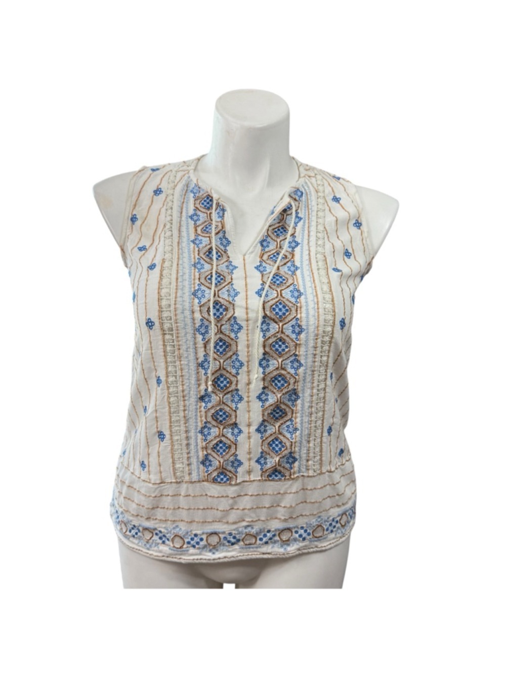 J.Jill Embroidered Sleeveless Boho Top Womens Small Ivory Blue Floral